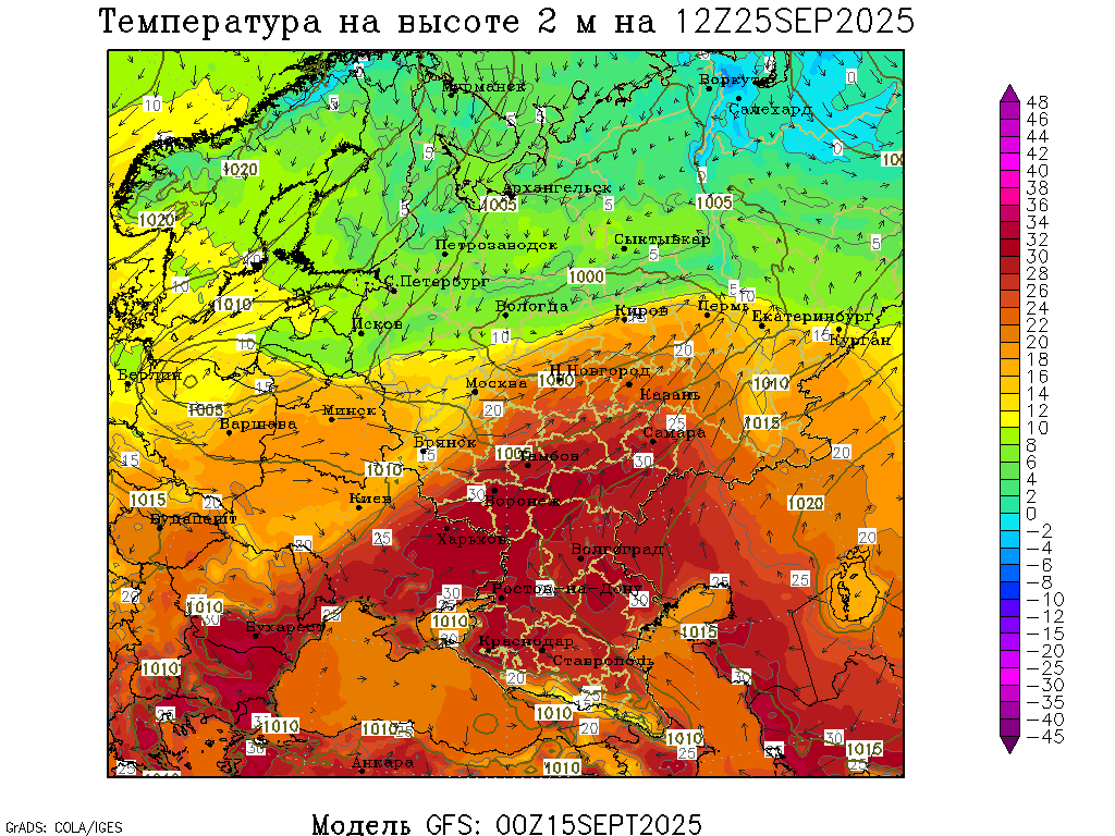 Температура воздуха днём 25 сентября. Визуализация прогноза численной модели GFS с сайта meteoweb.ru.